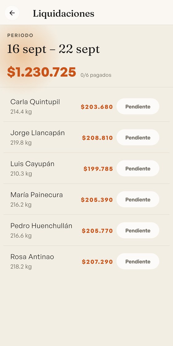 Pantalla de liquidaciones de CosechaHub con el pago calculado por cosechero